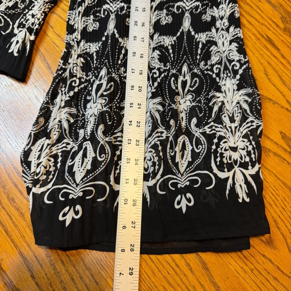 Vtg Black White Boho Peasant Top Sheer Crinkle 3/4 Sleeve Floral Scroll Print XL - Picture 8 of 8